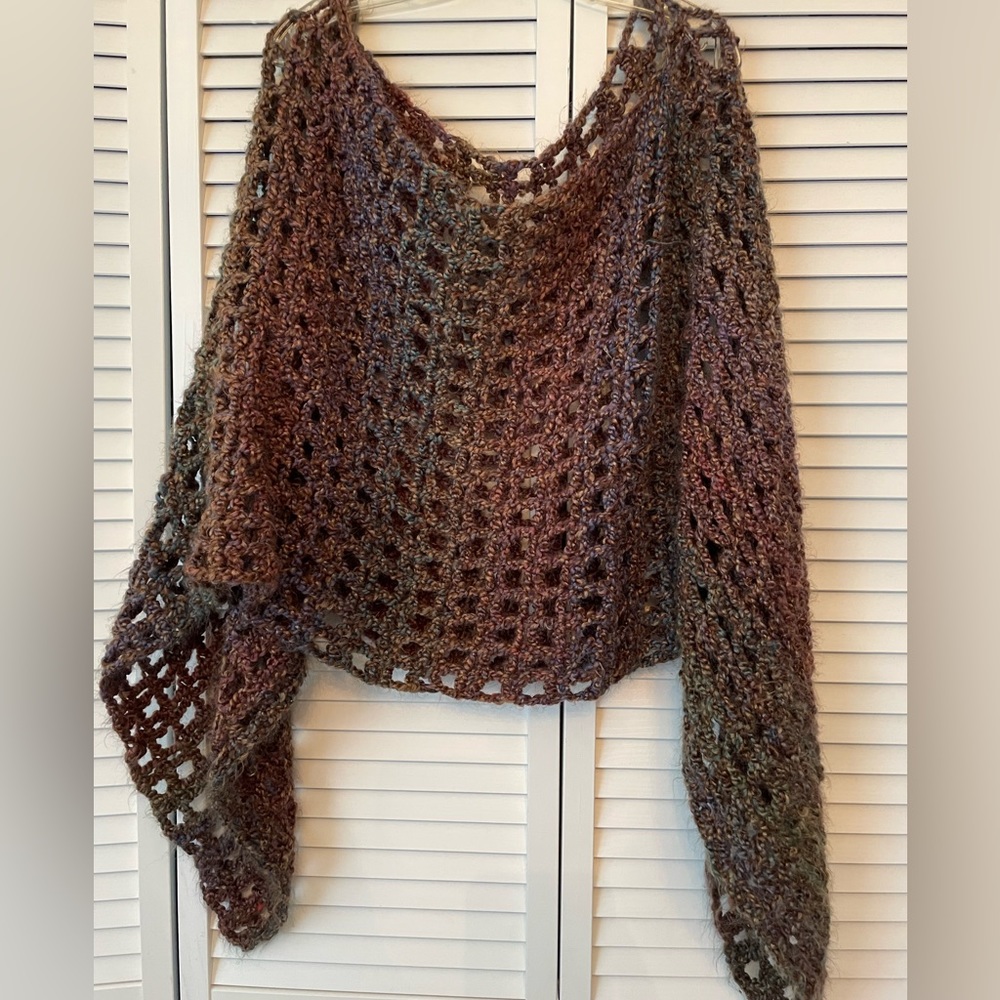 Knitted Boho Style XL Brown Jewel Toned Shawl